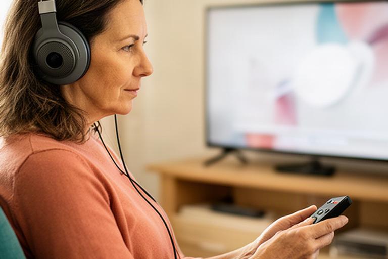 Zuschauerin mit Kopfhörern prüft die Audiodeskription einer Fernsehsendung in ihrer Wohnung
