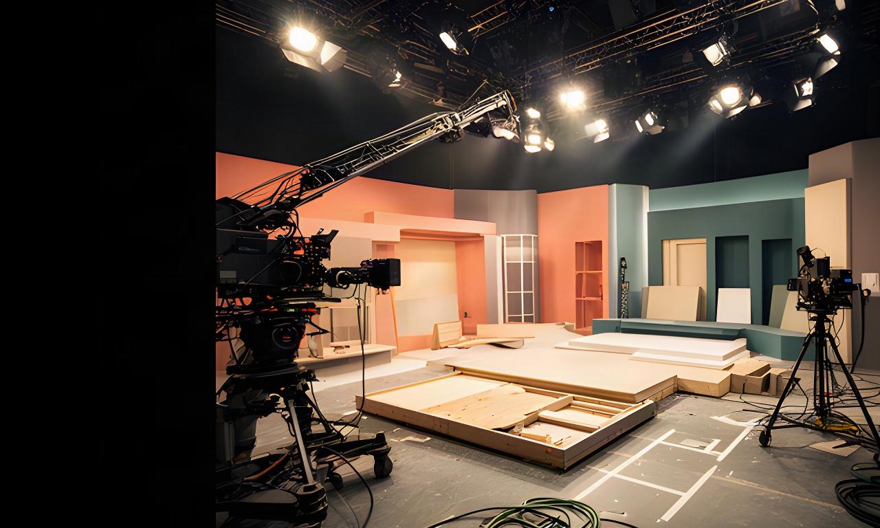 Studiokulisse im Aufbau mit Kamerakran, Scheinwerfern und Bühnenbildelementen in einem österreichischen Fernsehstudio
