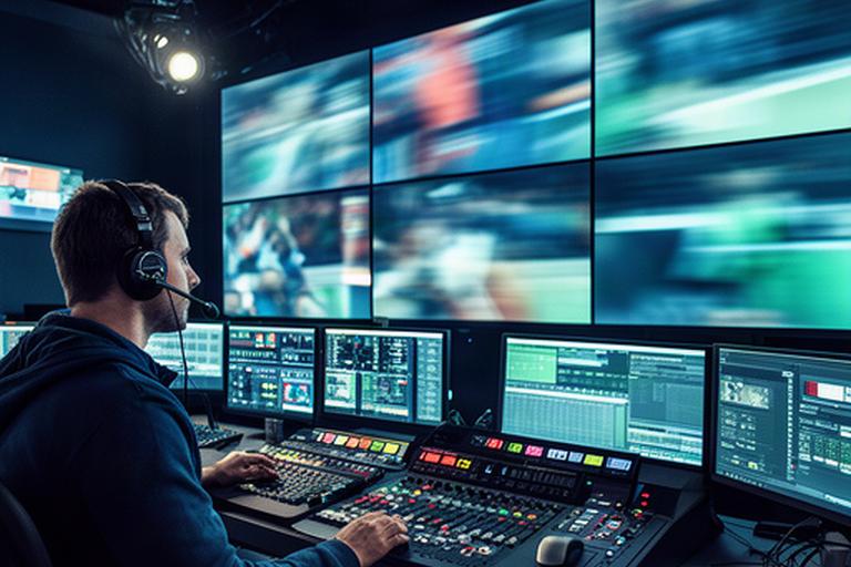 Bildregisseur bei einer Live-Sportproduktion mit Regiepult und Monitorwand