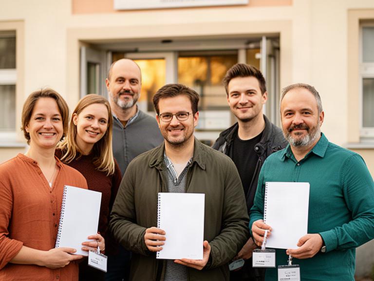Redaktionsteam vor einem Fernsehstudio in Groß-Enzersdorf mit Notizblöcken und Presseausweisen