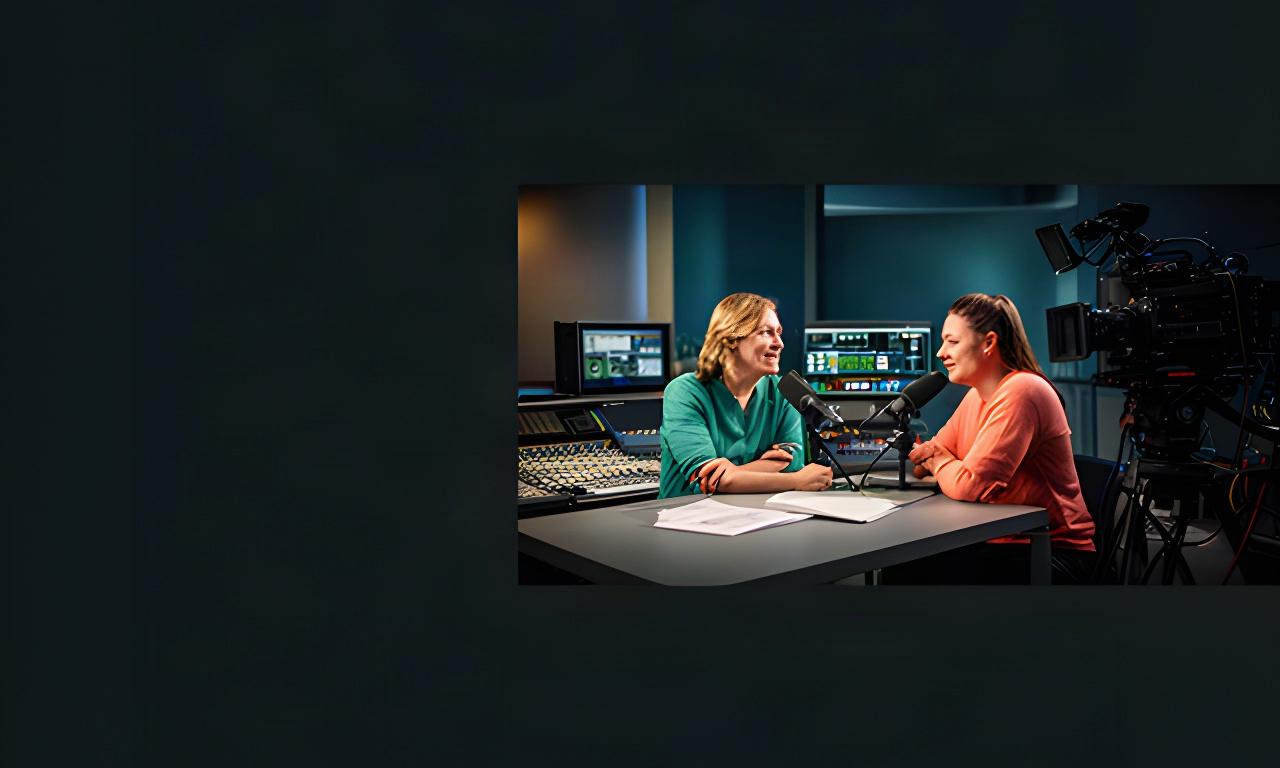 Fernsehstudio mit Gesprächssituation, Studiolicht und Mischpult im Hintergrund