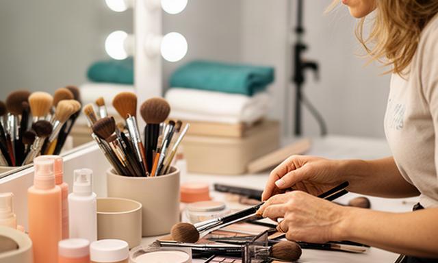 Maskenbildnerin bereitet im hell beleuchteten Maskenraum einer Serienproduktion Pinsel und Make-up vor