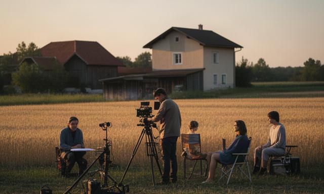 Ländlicher Drehort in Niederösterreich mit kleinem Filmteam und warmem Abendlicht