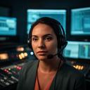 Tamar Duca am Regieplatz mit Headset und mehreren Studiomonitoren im Hintergrund